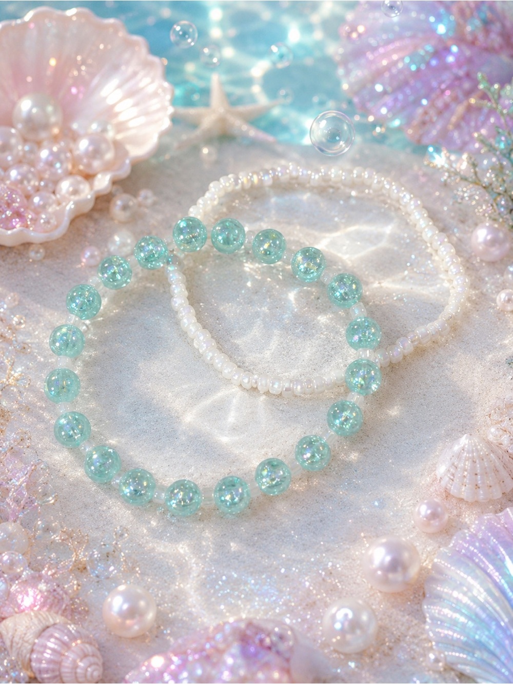 Little Mermaid Pearl Aqua Bracelet Set | Ocean-Inspired Beaded Jewelry 10”